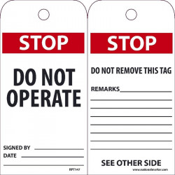NMC RPT Stop, Do Not Operate Tag, 6" x 3", .015 Mil Unrippable Vinyl, 25/Pk
