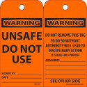 NMC RPT Warning, Unsafe Do Not Use Tag, 6" x 3", .015 Mil Unrippable Vinyl, 25/Pk