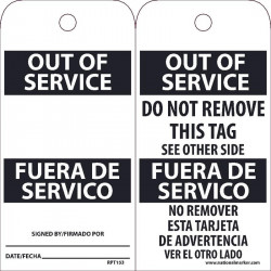 NMC RPT Out Of Service (Bilingual) Tag, 6" x 3", .015 Mil Unrippable Vinyl, 25/Pk
