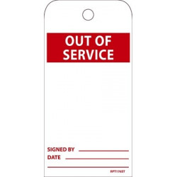 NMC RPT176ST Out Of Service Tag, 6" x 3", Synthetic Paper, w/ 1 Top Center Hole, Zip Ties Included, 25/Pk