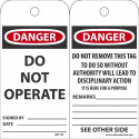 NMC RPT1ST Danger, Do Not Operate Tag (Hole), 6" x 3", Synthetic Paper, 25/Pk