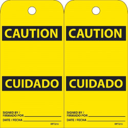 NMC RPT Caution, Bilingual Blank Tag, 6" x 3", Unrippable Vinyl w/1 Top Center Hole, Zip Ties Included, 25/Pk