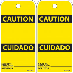 NMC RPT215ST Caution, Bilingual Blank Tag, 6" x 3", Synthetic Paper w/1 Top Center Hole, Zip Ties Included, 25/Pk