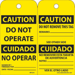 NMC RPT Caution, Do Not Operate Bilingual Tag, Unrippable Vinyl w/ 1 Top Center Hole, Zip Ties Included, 25/Pk