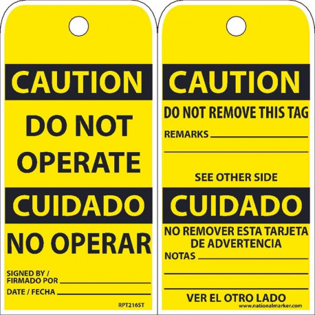 NMC RPT216ST Caution, Do Not Operate Bilingual Tag, Synthetic Paper w/ 1 Top Center Hole, 25/Pk