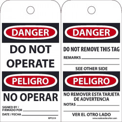 NMC RPT Danger, Do Not Operate Bilingual Tag, 6" x 3", Unrippable Vinyl w/ 1 Top Center Hole, Zip Ties Included, 25/Pk