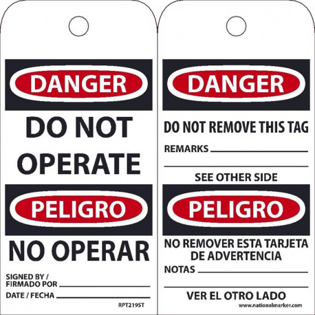 NMC RPT219ST Danger, Do Not Operate Bilingual Tag, 6" x 3", Synthetic Paper w/ 1 Top Center Hole, 25/Pk