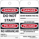 NMC RPT Danger, Do Not Start Bilingual Tag, 6" x 3", Unrippable Vinyl w/ 1 Top Center Hole, Zip Ties Included, 25/Pk