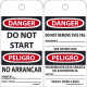NMC RPT220ST Danger, Do Not Start Bilingual Tag, 6" x 3", Synthetic Paper w/ 1 Top Center Hole, 25/Pk