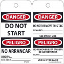 NMC RPT220ST Danger, Do Not Start Bilingual Tag, 6" x 3", Synthetic Paper w/ 1 Top Center Hole, 25/Pk