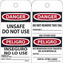 NMC RPT Danger, Unsafe Do Not Use Bilingual Tag, 6" x 3", Unrippable Vinyl w/ 1 Top Center Hole, Zip Ties Included, 25/Pk