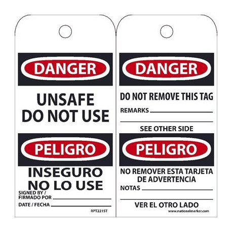 NMC RPT221ST Danger, Unsafe Do Not Use Bilingual Tag, 6" x 3", Synthetic Paper w/ 1 Top Center Hole, 25/Pk