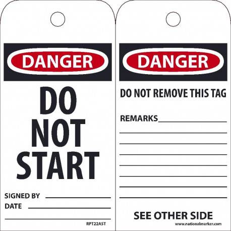 NMC RPT22AST Danger, Do Not Start Tag, 6" x 3", Synthetic Paper w/ 1 Top Center Hole, Zip Ties Included, 25/Pk