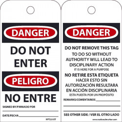 NMC RPT231ST100 Danger, Do Not Enter Bilingual Tag, 6" x 3", Polytag, EZ Pull, 100/Box