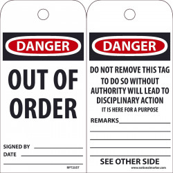 NMC RPT25ST Danger, Out Of Order Tag, 6" x 3", Synthetic Paper w/ 1 Top Center Hole, Zip Ties Included, 25/Pk