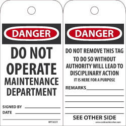NMC RPT2CST Danger, Do Not Operate Maintainance Tag, 6" x 3", Synthetic Paper w/ 1 Top Center Hole, Zip Ties Included, 25/Pk