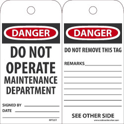 NMC RPT2ST Danger, Do Not Operate Maintenance Dept. Tag (Hole), 6" x 3", Synthetic Paper, 25/Pk