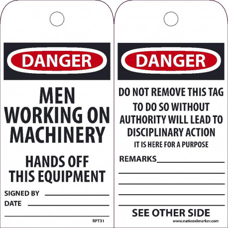 NMC RPT Danger, Men Working On Machinery Tag, 6" x 3", Unrippable Vinyl, 25/Pk