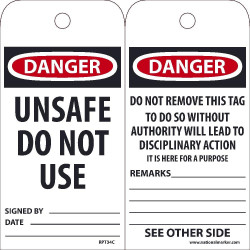 NMC RPT Danger, Unsafe Do Not Use Tag, 6" x 3", Unrippable Vinyl w/ 1 Top Center Hole, Zip Ties Included, 25/Pk