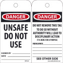 NMC RPT Danger, Unsafe Do Not Use Tag, 6" x 3", Unrippable Vinyl w/ 1 Top Center Hole, Zip Ties Included, 25/Pk