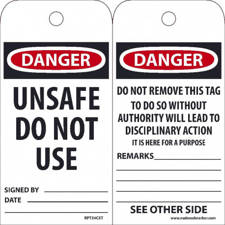 NMC RPT34CST Danger, Unsafe Do Not Use Tag, 6" x 3", Synthetic Paper w/ 1 Top Center Hole, Zip Ties Included, 25/Pk