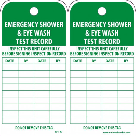 NMC RPT Emergency Shower & Eye Wash Test Record Tag, 6" x 3", Unrippable Vinyl, 25/Pk