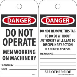 NMC RPT Danger, Do Not Operate, Men Working On Machinery Tag, 6" x 3", Unrippable Vinyl, 25/Pk