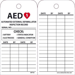 NMC RPT AED Automated External Defibrillator Inspection Record Tag, 6" x 3", Unrippable Vinyl, 25/Pk