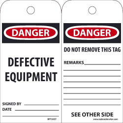 NMC RPT59ST Danger, Defective Equipment Tag (Hole), 6" x 3", Synthetic Paper, 25/Pk