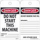 NMC RPT7ST Danger, Do Not Start This Machine Tag, 6" x 3", Synthetic Paper w/ 1 Top Center Hole, Zip Ties Included, 25/Pk