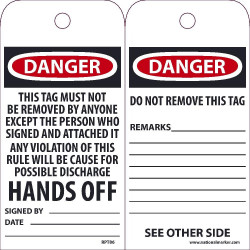 NMC RPT Danger, This Tag Must Not Be Removed Tag, 6" x 3", Unrippable Vinyl, 25/Pk