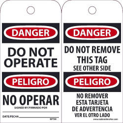 NMC RPT Danger, Do Not Operate (Bilingual) Tag, 6" x 3", Unrippable Vinyl, 25/Pk