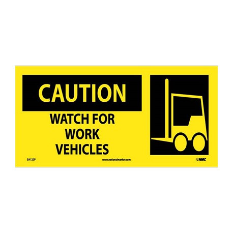 NMC SA122 Caution, Watch For Work Vehicles Sign w/ Graphic, 7" x 17"
