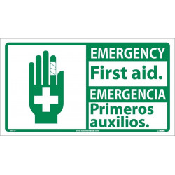 NMC SFA Emergency, First Aid Sign - Bilingual, 10" x 18"