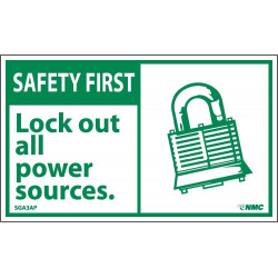NMC SGA3AP Safety First, Lock Out All Power Sources Label (Graphic), 3" x 5", PS Vinyl, 5/Pk