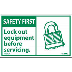 NMC SGA8AP Safety First, Lockout Equipment Before Servicing Label, 3" x 5", PS Vinyl, 5/Pk