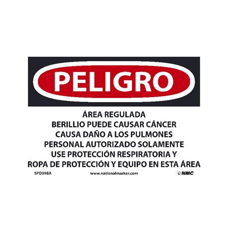 NMC SPD398 Danger, Regulated Area, Beryllium May Cause Cancer Sign (Spanish)