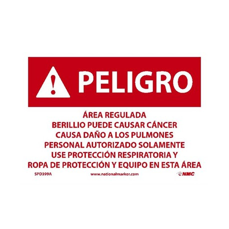 NMC SPD399 Danger, Regulated Area, Beryllium May Cause Cancer Sign (Spanish)