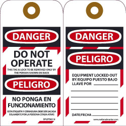 NMC SPLOTAG10 Danger, Do Not Operate Tag (Bilingual), 6" x 3", Unrippable Vinyl, 10/Pk Grommet