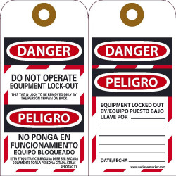 NMC SPLOTAG11 Danger, Do Not Operate Equipment Lock-Out Tag (Bilingual), 6" x 3", Unrippable Vinyl, 10/Pk Grommet