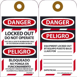 NMC SPLOTAG16 Danger, Locked Out Do Not Operate Tag (Bilingual), 6" x 3", Unrippable Vinyl, 10/Pk Grommet