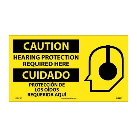 NMC SPSA118 Caution, Hearing Protection Required Here Sign (Bilingual w/ Graphic), 10" x 18"