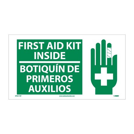 NMC SPSA172 First Aid Kit Inside Sign (Bilingual w/ Graphic), 10" x 18"