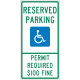 NMC TMS317 Reserved Parking Permit Required $100 Fine Sign, 24" x 12"