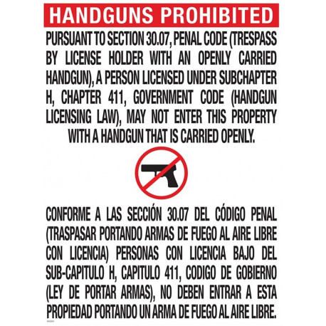 NMC TOC-2 Handguns Prohibited, Texas Open Carry 30.07 Poster, 24" x 18"