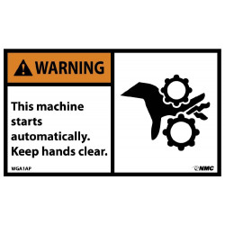 NMC WGA1AP Warning, This Machine Starts Automatically Label (Graphic), 3" x 5", Adhesive Backed Vinyl, 5/Pk